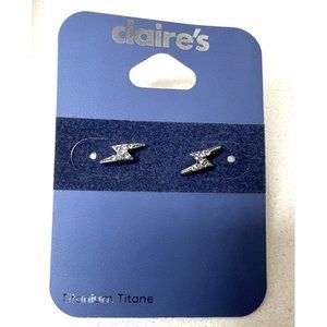 Claires Titanium Silver Tone Lightning Bolt Stud Earrings Clear Rhinestones